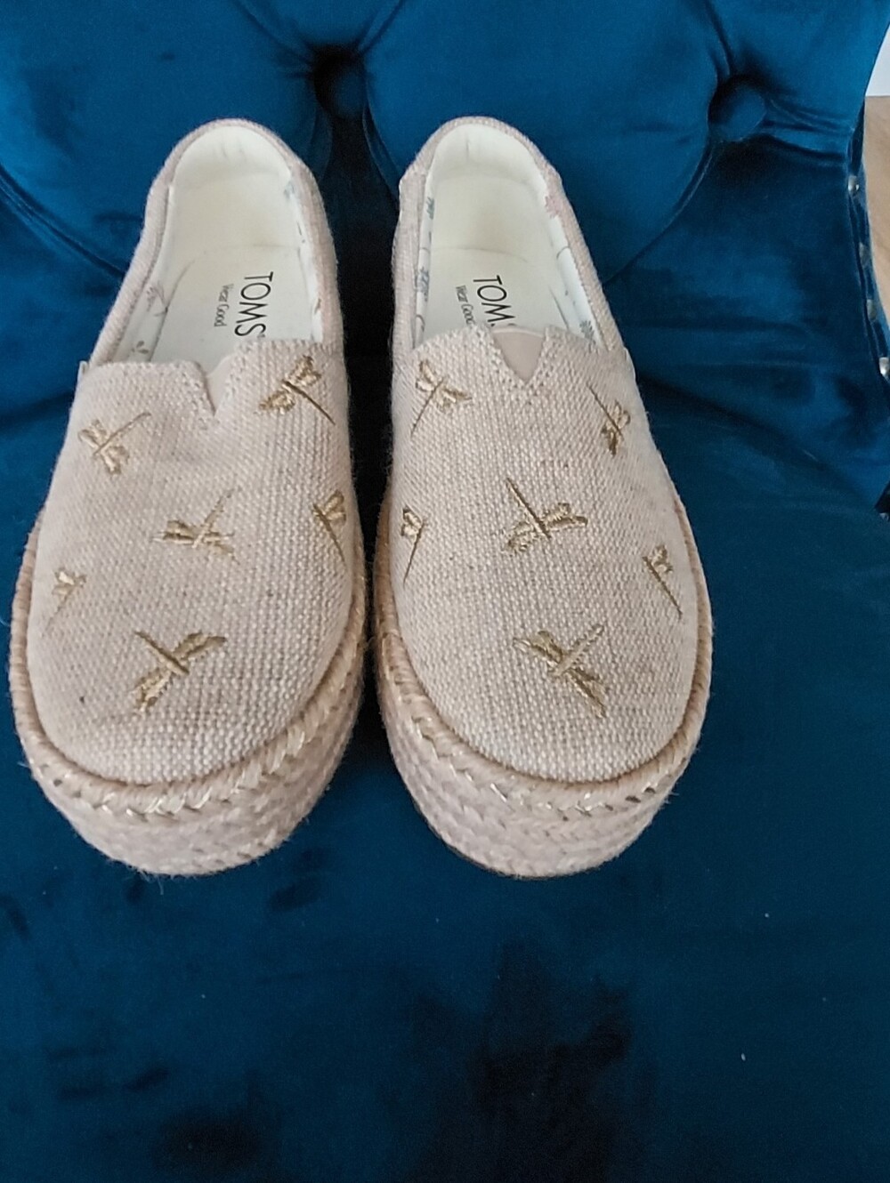 Beige Platform Espadrille Slip-On Shoes With Gold Dragonflies - Picture 2 of 7